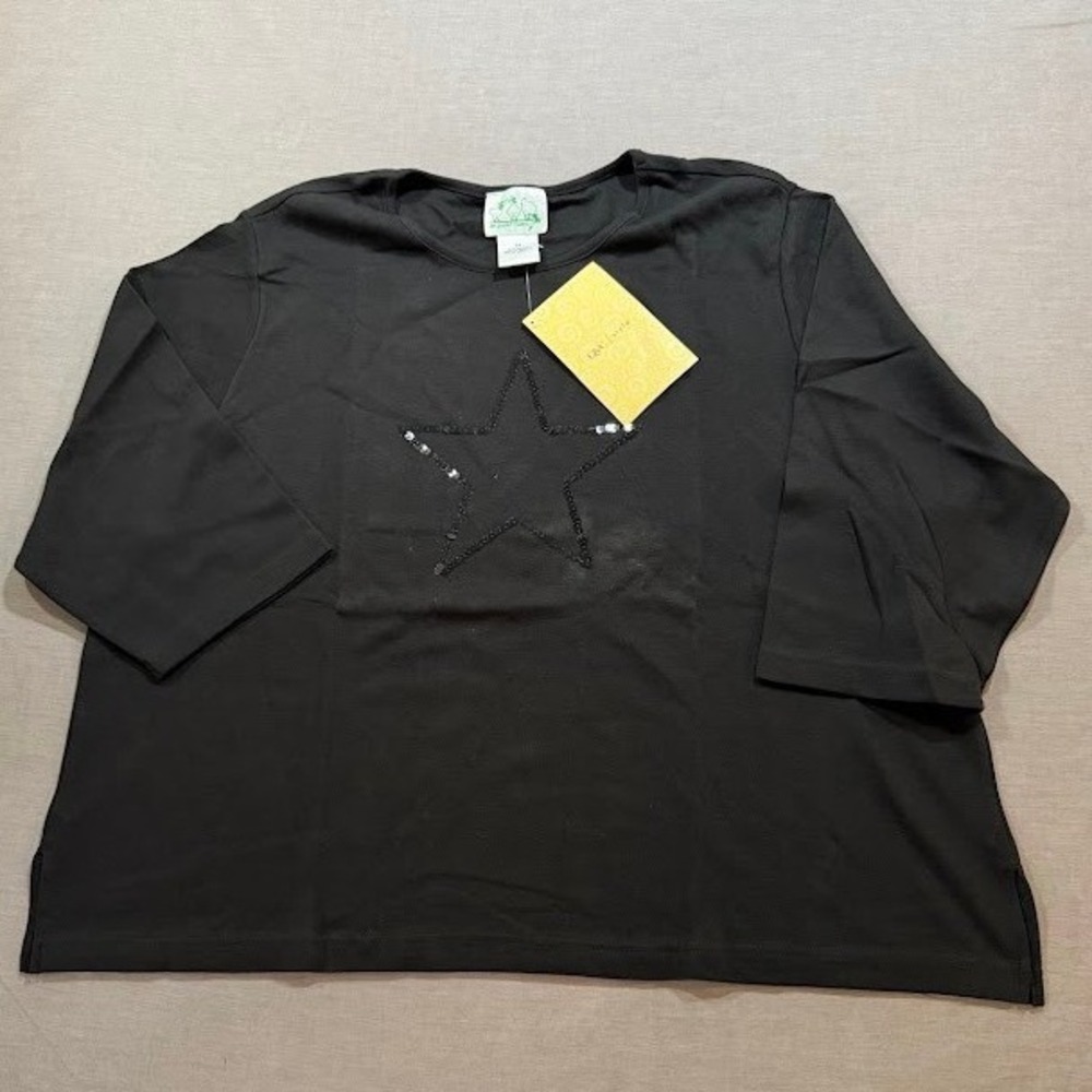 The Quacker Factory Sequin Star Black Cotton 3X Shirt Casual Top Women's Plus 3X